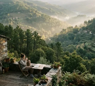 Beyond Portugal’s Coast: Finding Space to Slow Down in the Forested Interior Stone cottage terrace above forested valleys in central Portugal