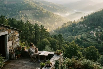 Stone cottage terrace above forested valleys in central Portugal