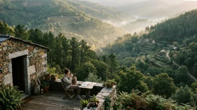 Beyond Portugal’s Coast: Finding Space to Slow Down in the Forested Interior Stone cottage terrace above forested valleys in central Portugal