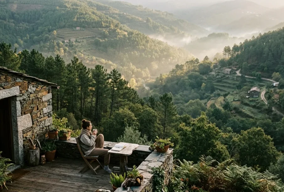 Beyond Portugal’s Coast: Finding Space to Slow Down in the Forested Interior Stone cottage terrace above forested valleys in central Portugal
